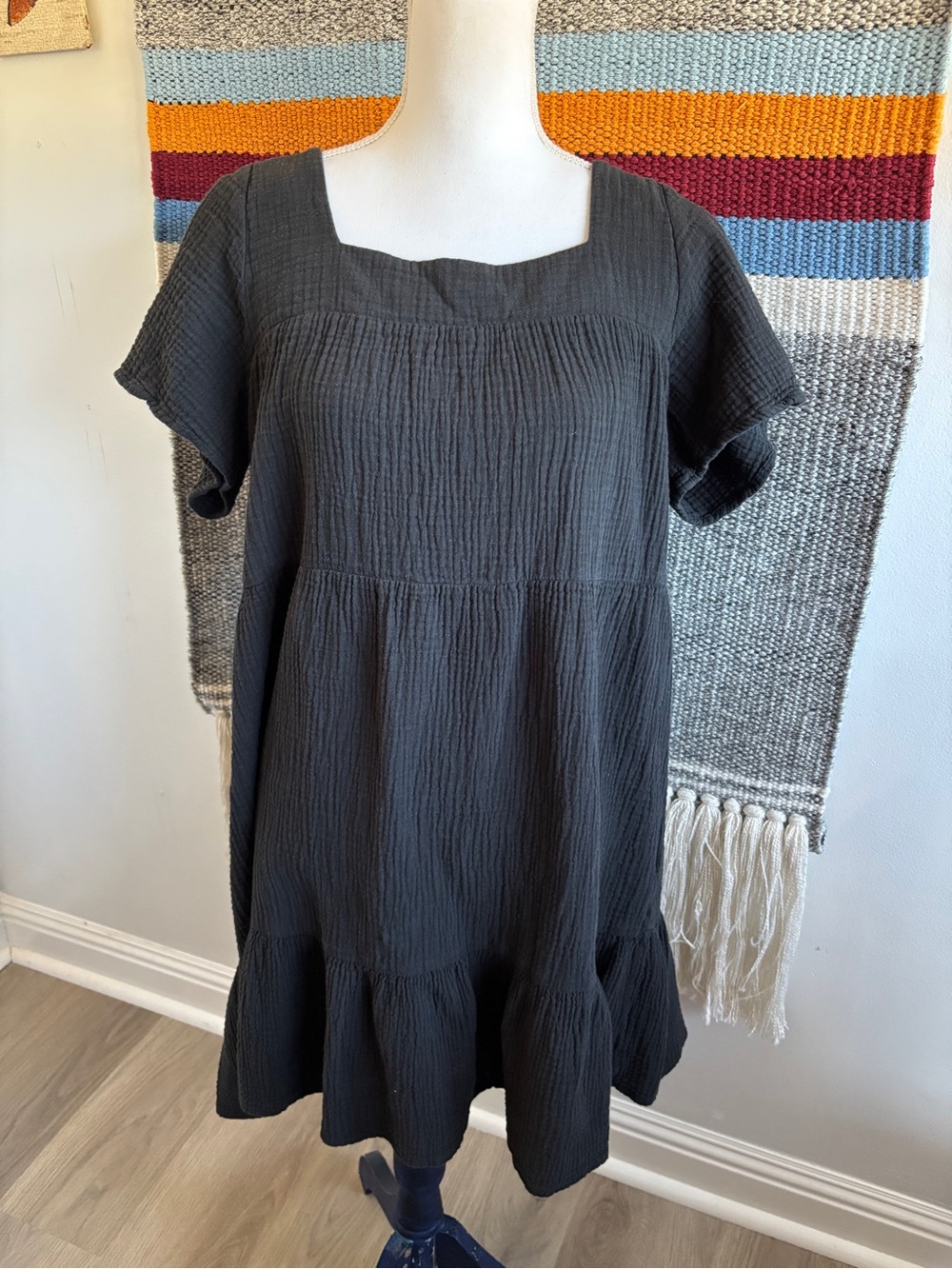 Rails Black Cotton Gauzy Square-Neck Mini Dress